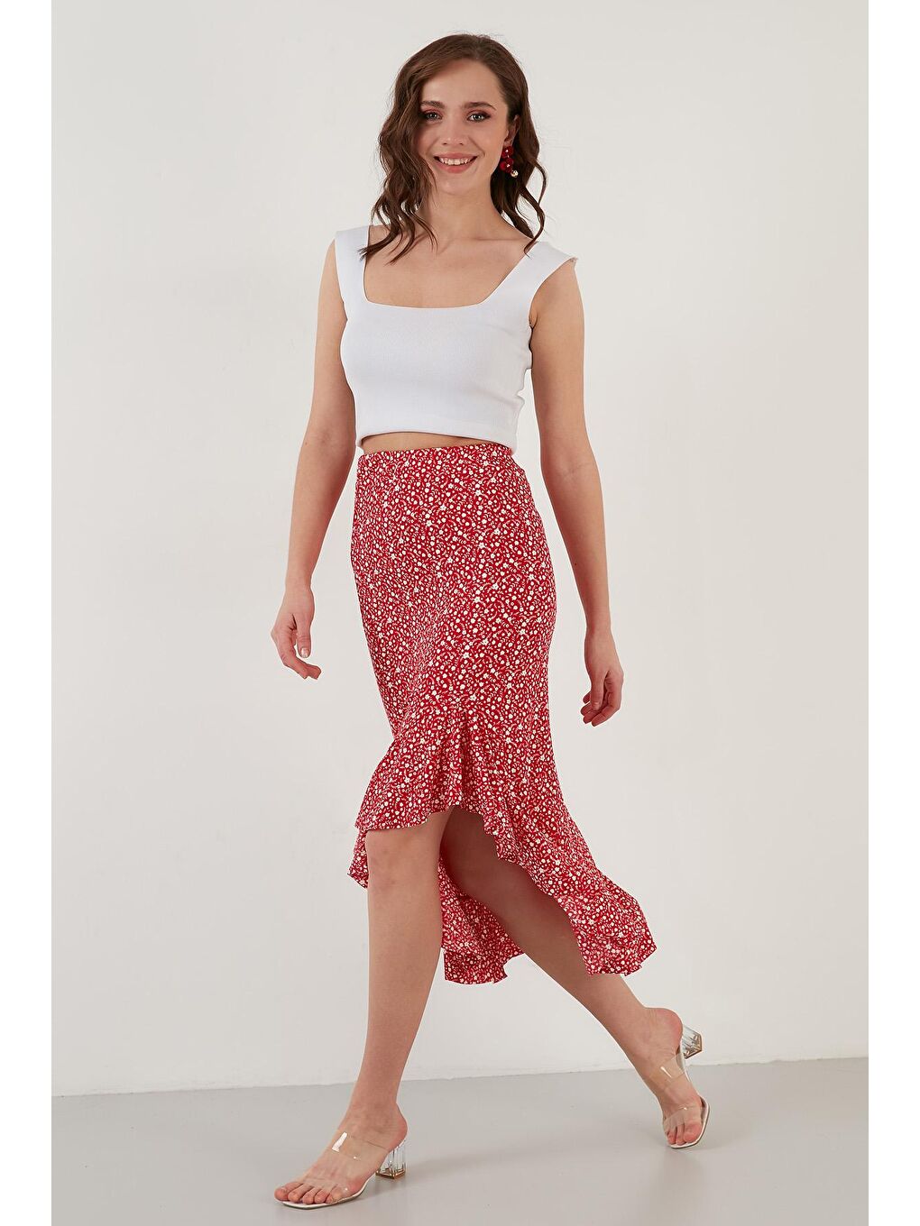 Kırmızı Çiçek Desenli Volanlı Midi Boy Yırtmaçlı Etek 5864512-4