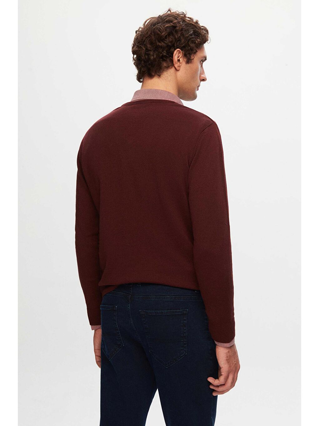 Regular Fit Bordo Düz V Yaka Triko Kazak-3