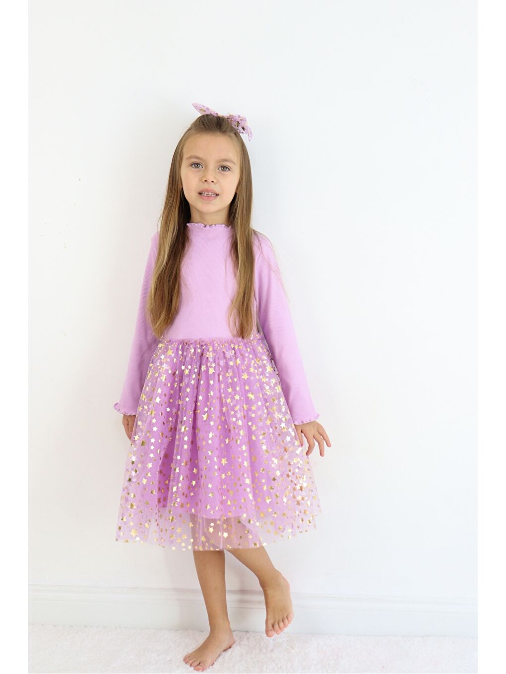Lila Yıldız Baskılı Tül Etekli Kız Çocuk Elbise - Karen-1