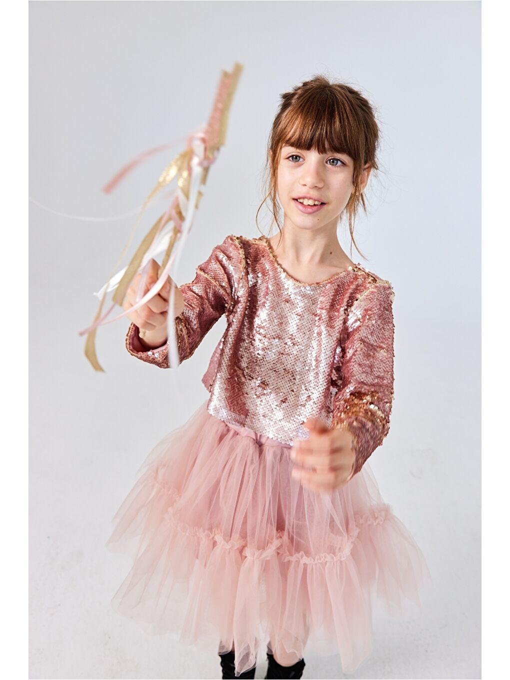 Pembe Rose Pul Payetli Tül Etekli Kız Çocuk İkili Takım - Milena