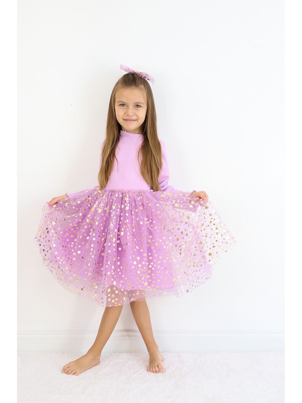 Lila Yıldız Baskılı Tül Etekli Kız Çocuk Elbise - Karen-2