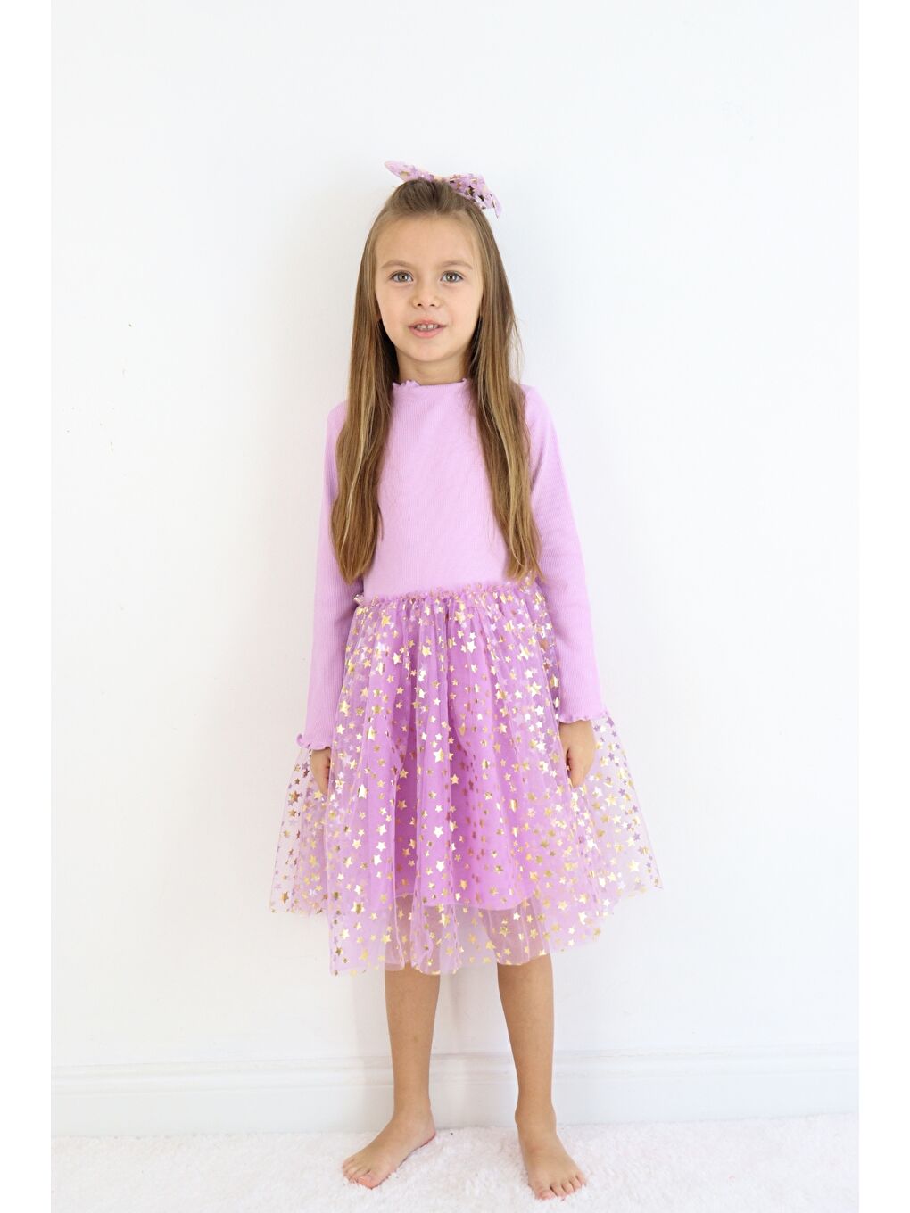 Lila Yıldız Baskılı Tül Etekli Kız Çocuk Elbise - Karen-3