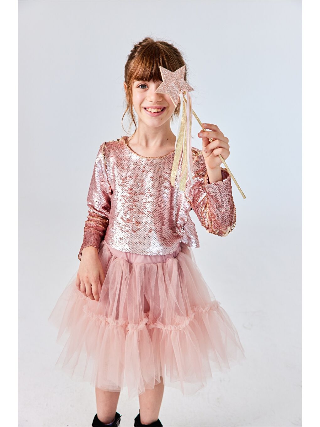 Pembe Rose Pul Payetli Tül Etekli Kız Çocuk İkili Takım - Milena-2