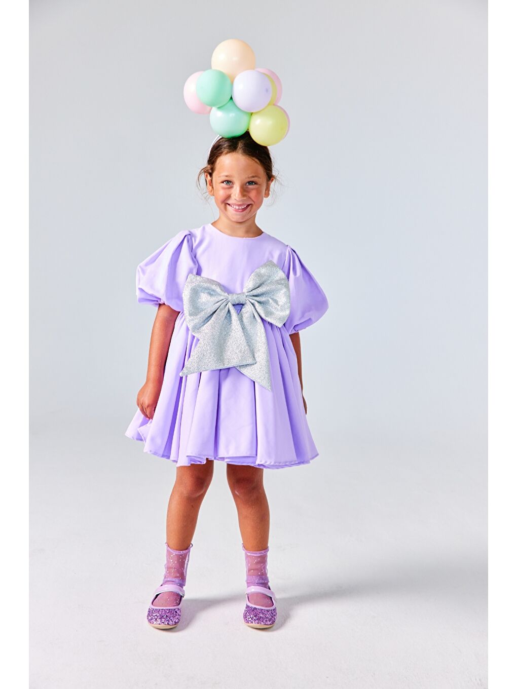 Lila Dev Fiyonk Detaylı Kız Çocuk Elbise - Celine-1