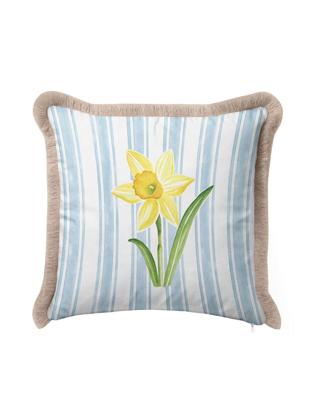 Karışık Sarı Çiçek Modern Saçaklı Yastık Kılıfı - Bahar Esintisi Country Mavi Bej Püsküllü Kırlent Kılıfı