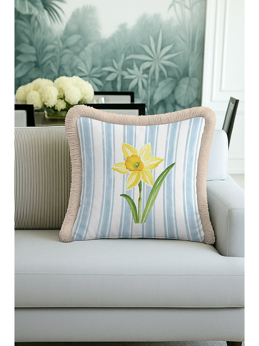 Karışık Sarı Çiçek Modern Saçaklı Yastık Kılıfı - Bahar Esintisi Country Mavi Bej Püsküllü Kırlent Kılıfı-1