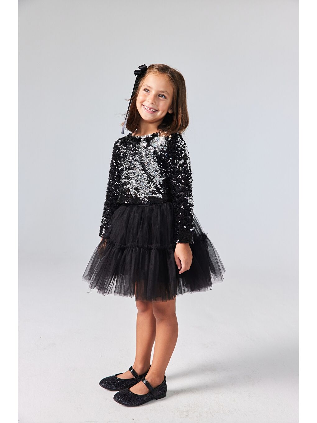 Siyah Pul Payetli Tül Etekli Kız Çocuk İkili Takım - Milena-1