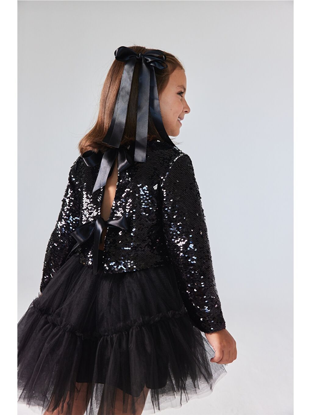 Siyah Pul Payetli Tül Etekli Kız Çocuk İkili Takım - Milena-2