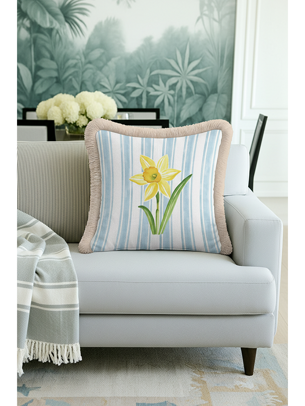 Karışık Sarı Çiçek Modern Saçaklı Yastık Kılıfı - Bahar Esintisi Country Mavi Bej Püsküllü Kırlent Kılıfı-2