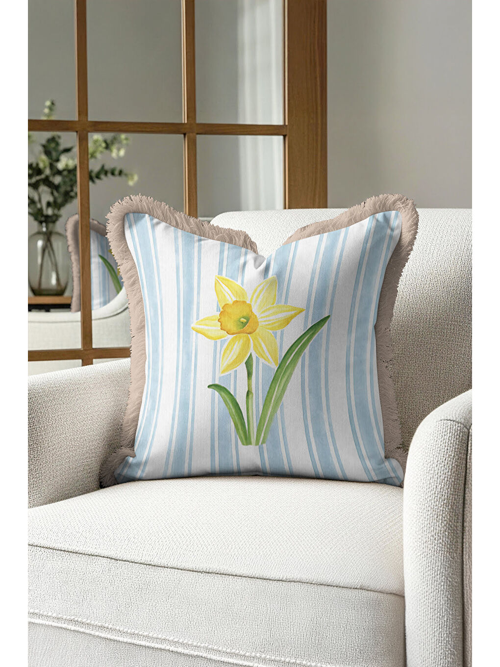 Karışık Sarı Çiçek Modern Saçaklı Yastık Kılıfı - Bahar Esintisi Country Mavi Bej Püsküllü Kırlent Kılıfı-3