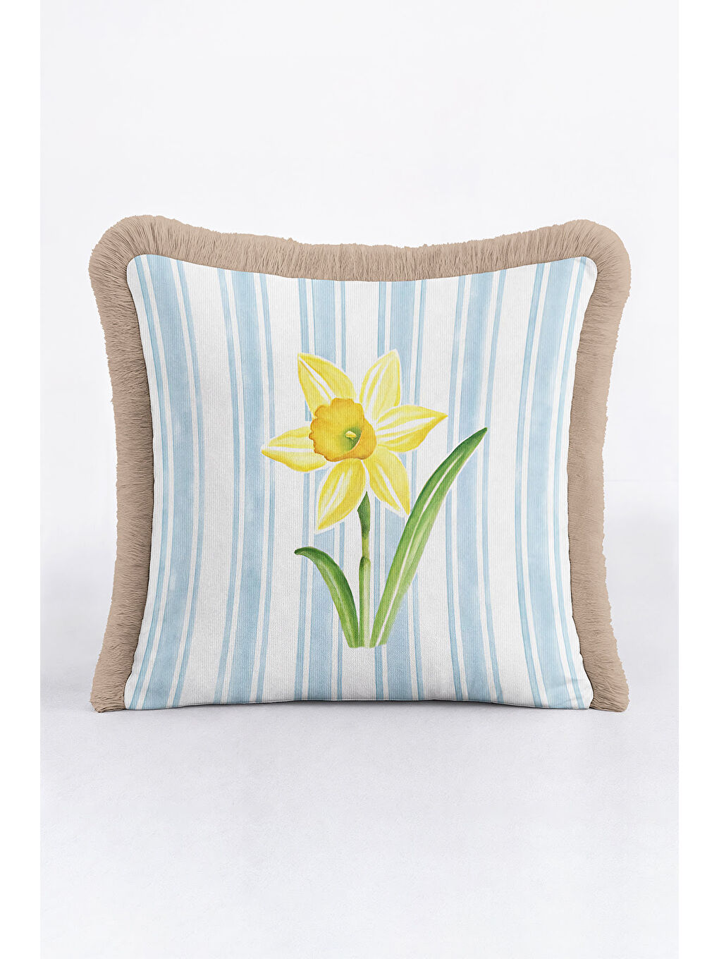 Karışık Sarı Çiçek Modern Saçaklı Yastık Kılıfı - Bahar Esintisi Country Mavi Bej Püsküllü Kırlent Kılıfı-4