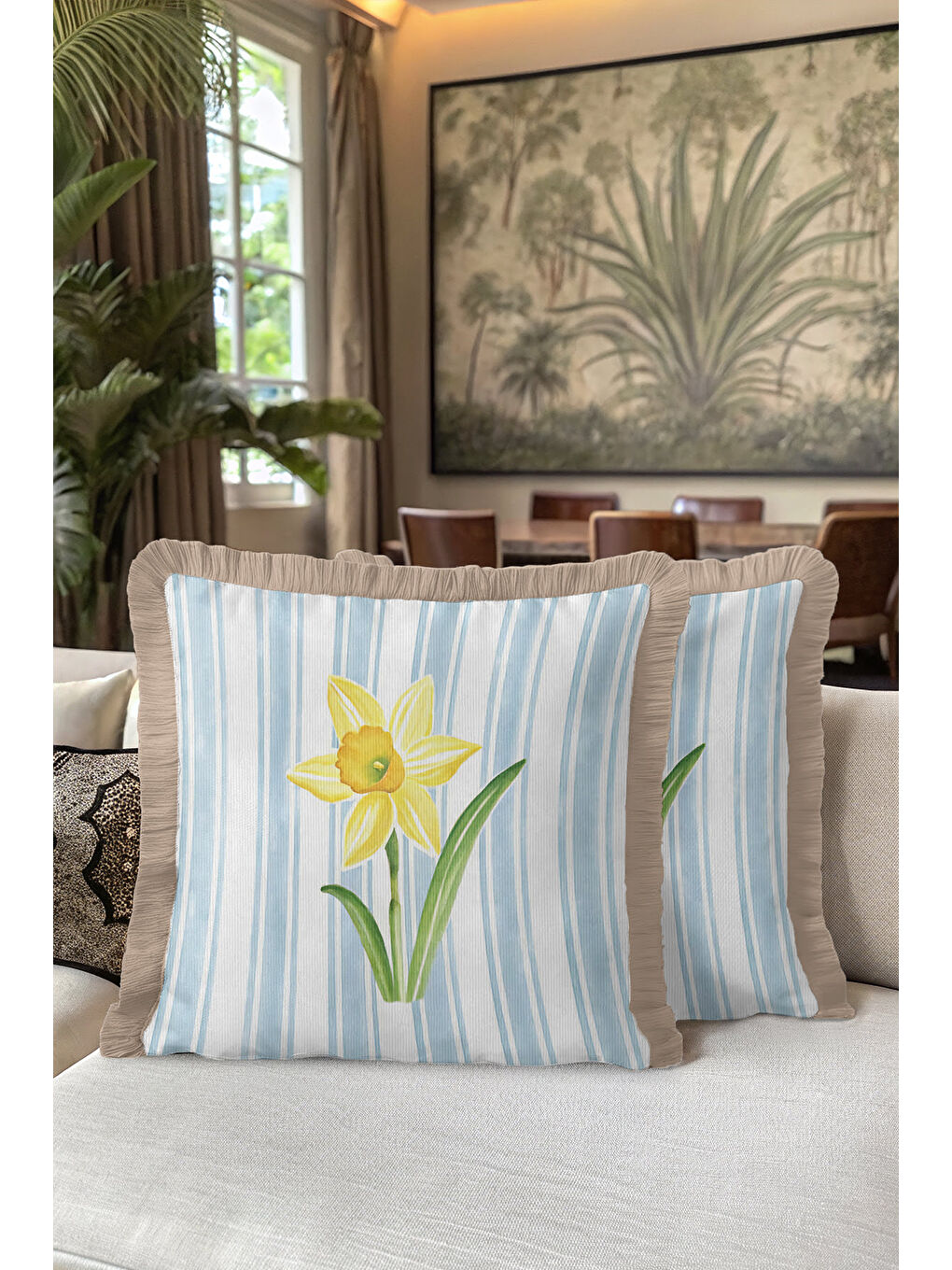 Karışık Sarı Çiçek Modern Saçaklı Yastık Kılıfı - Bahar Esintisi Country Mavi Bej Püsküllü Kırlent Kılıfı-5