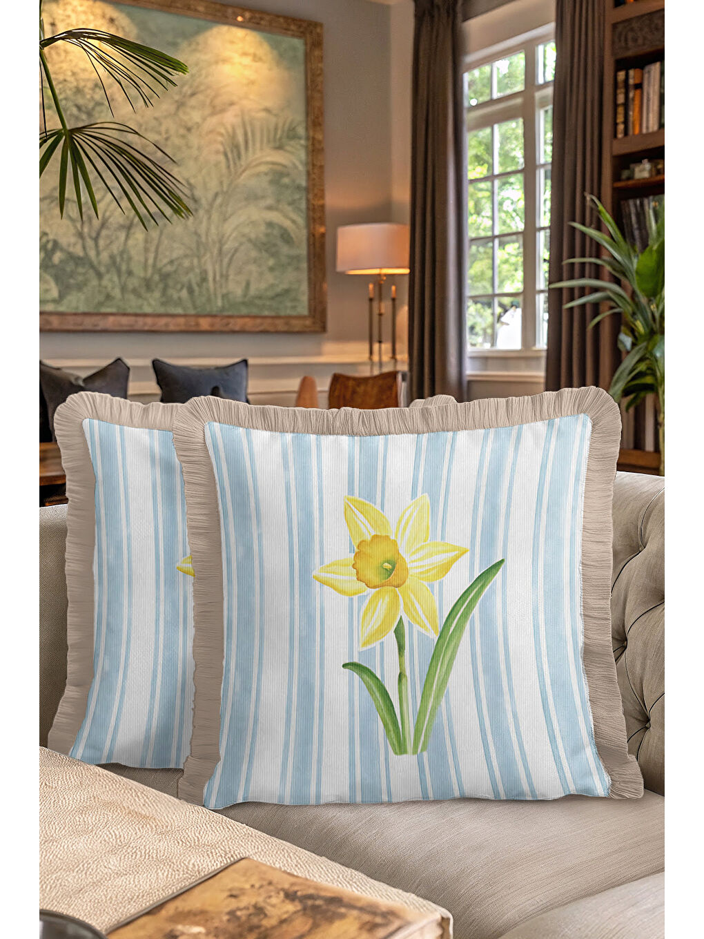 Karışık Sarı Çiçek Modern Saçaklı Yastık Kılıfı - Bahar Esintisi Country Mavi Bej Püsküllü Kırlent Kılıfı-7