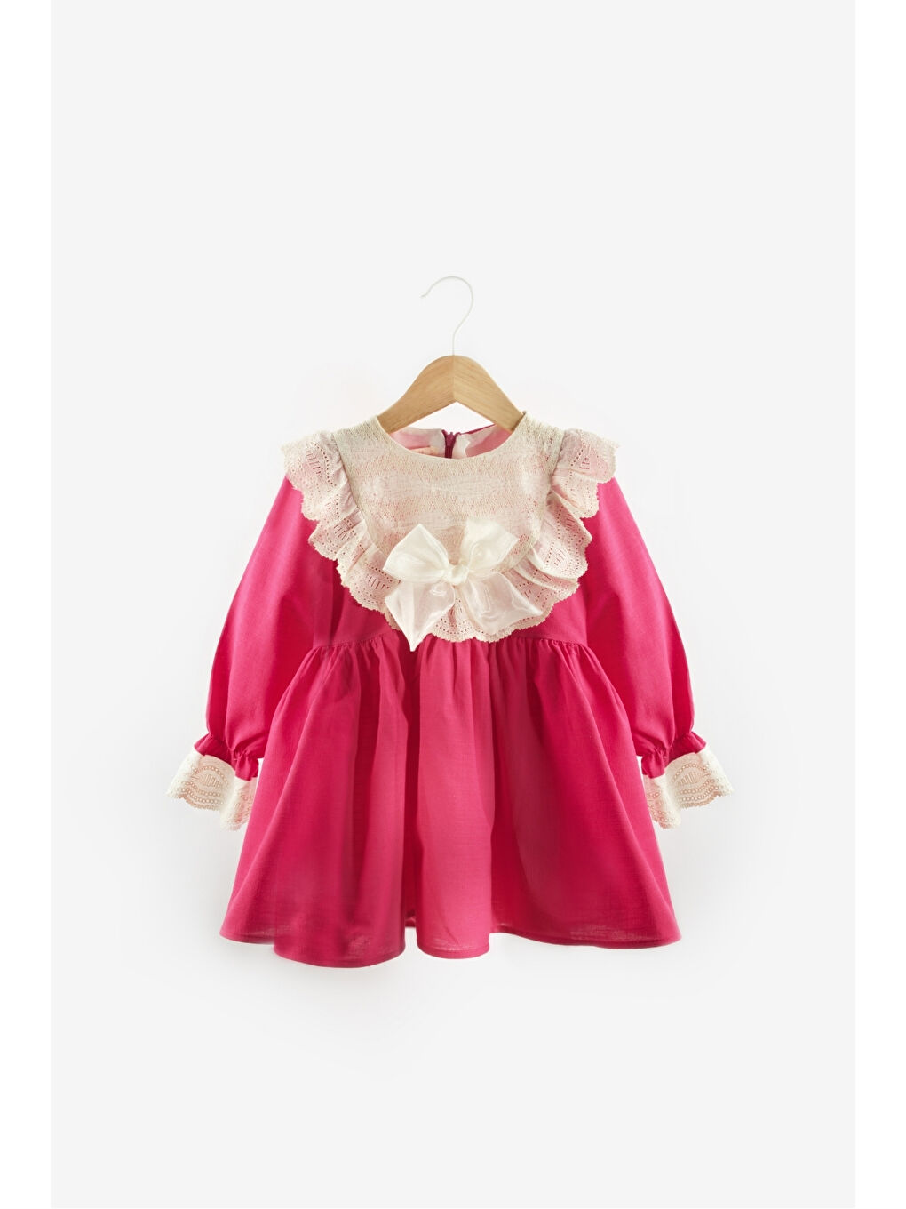 Fuşya Fisto Yakalı Keten Kız Çocuk Elbise - Trinetta