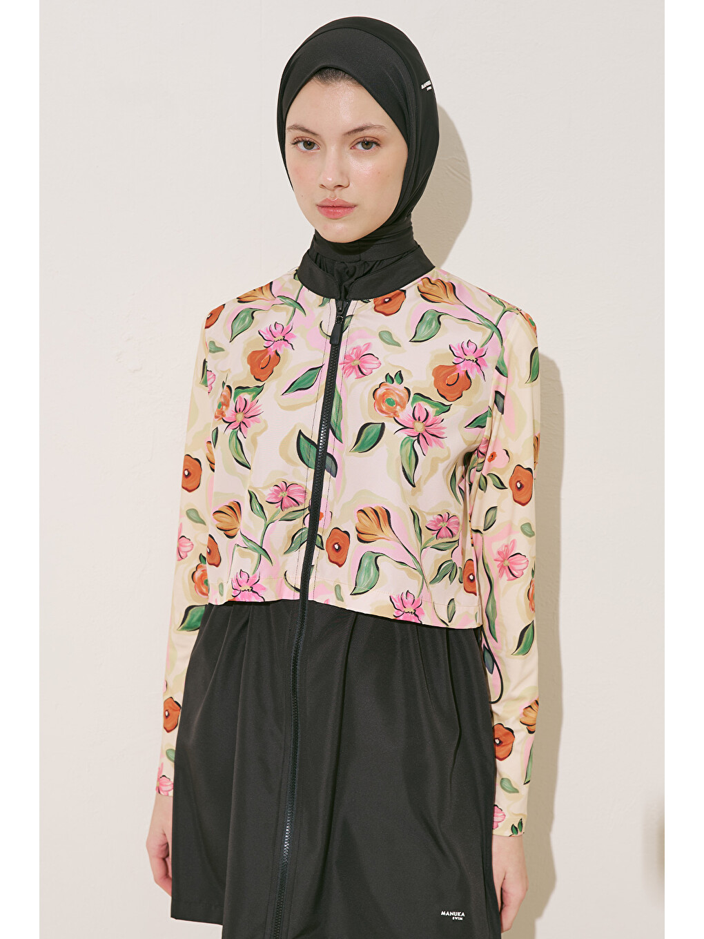 Sarı Fermuarlı 3'lü Tesettür Mayo Takım Pure Floral-1