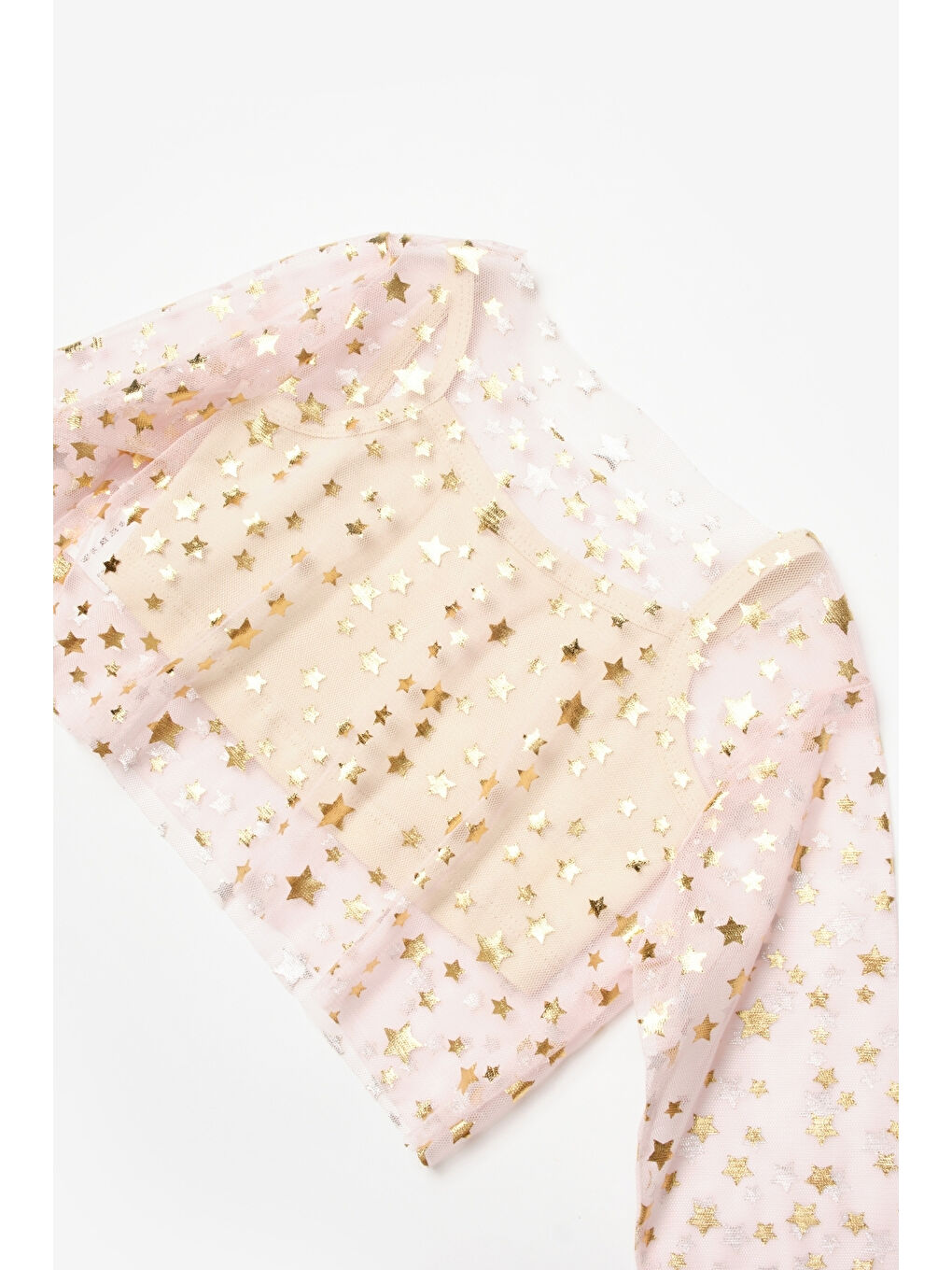 Pembe Pudra Uzun Kollu Yıldızlı Kız Çocuk Tül Crop-2