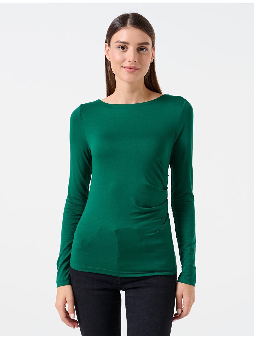 Yeşil Dar Kesim Kayık Yaka Uzun Kollu Örme Bluz-2