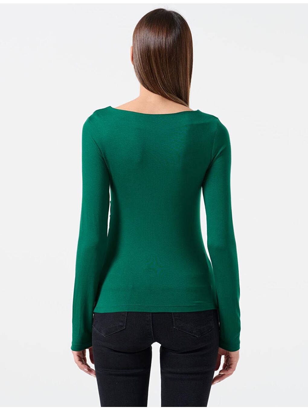 Yeşil Dar Kesim Kayık Yaka Uzun Kollu Örme Bluz-4