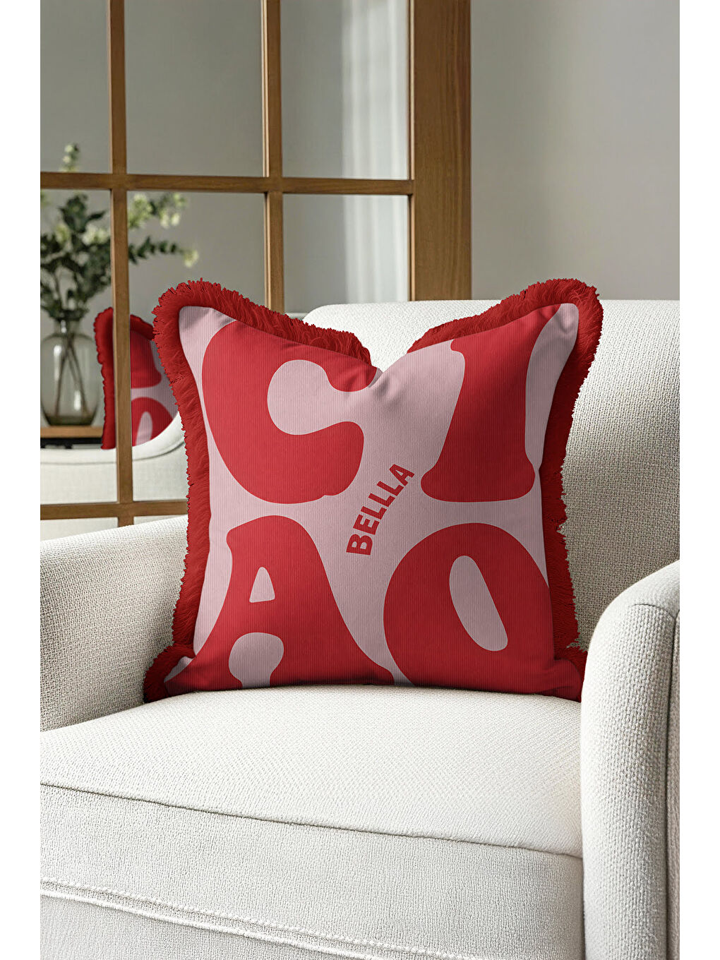 Karışık Retro Tipografi Saçaklı Yastık Kılıfı - Modern Kırmızı Ekru Püsküllü Kırlent Kılıfı