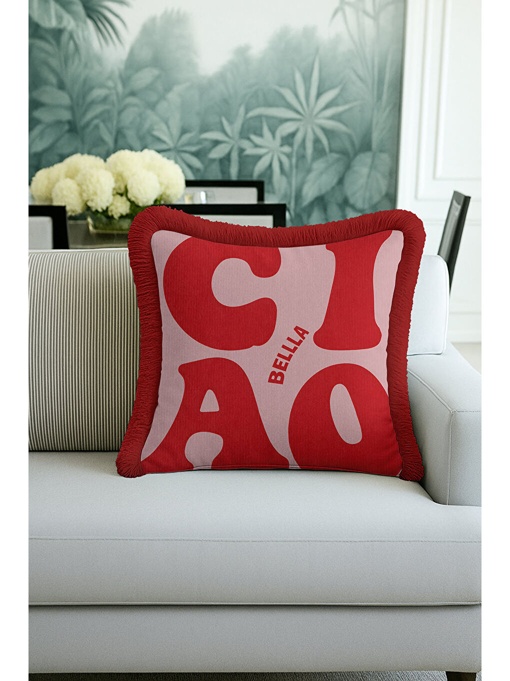 Karışık Retro Tipografi Saçaklı Yastık Kılıfı - Modern Kırmızı Ekru Püsküllü Kırlent Kılıfı-1
