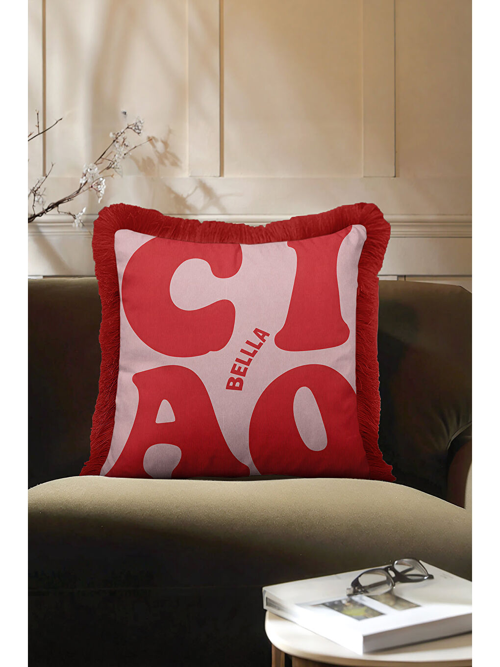 Karışık Retro Tipografi Saçaklı Yastık Kılıfı - Modern Kırmızı Ekru Püsküllü Kırlent Kılıfı-3