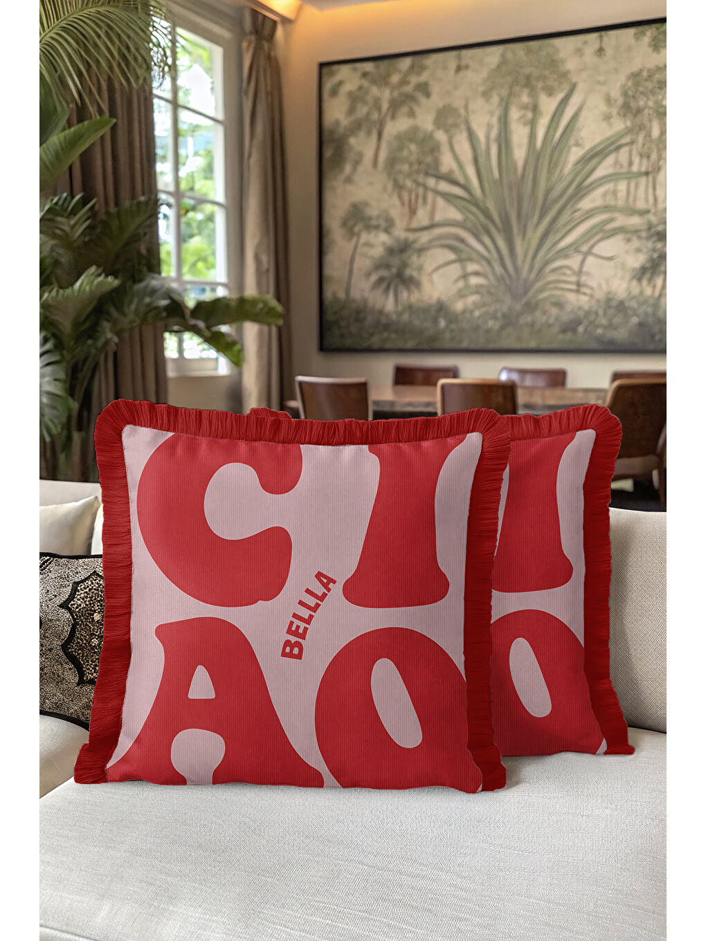 Karışık Retro Tipografi Saçaklı Yastık Kılıfı - Modern Kırmızı Ekru Püsküllü Kırlent Kılıfı-5