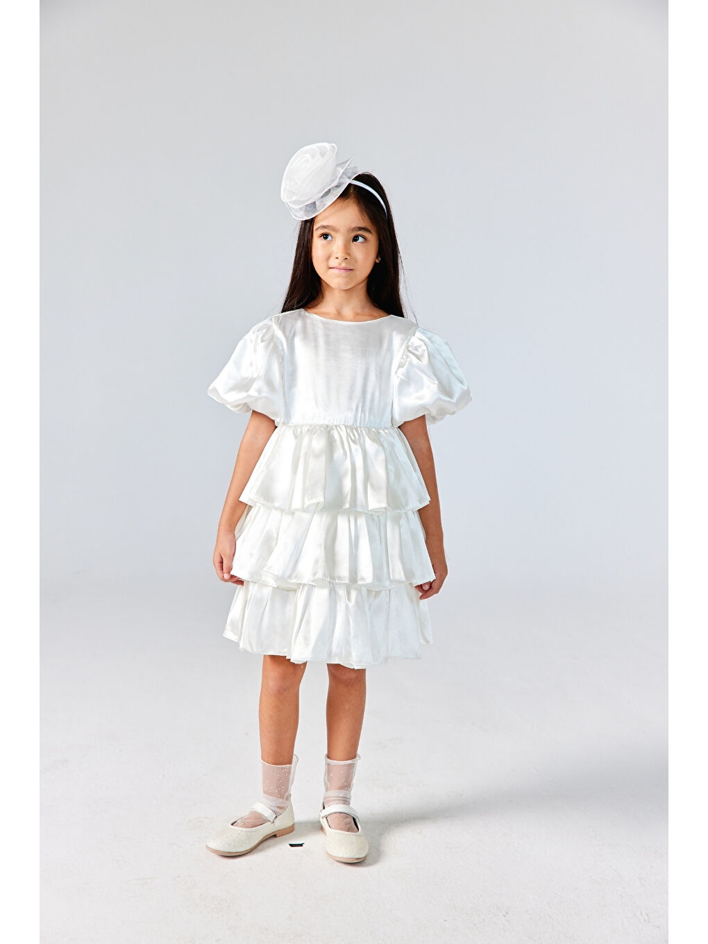 Ekru Saten Katlı Etekli Kız Çocuk Elbise - Gabriela-2