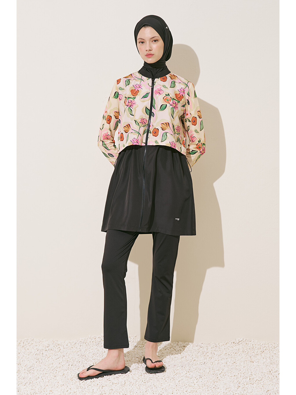 Sarı Fermuarlı 3'lü Tesettür Mayo Takım Pure Floral-2