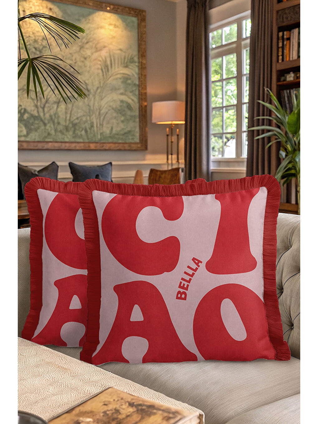 Karışık Retro Tipografi Saçaklı Yastık Kılıfı - Modern Kırmızı Ekru Püsküllü Kırlent Kılıfı-7