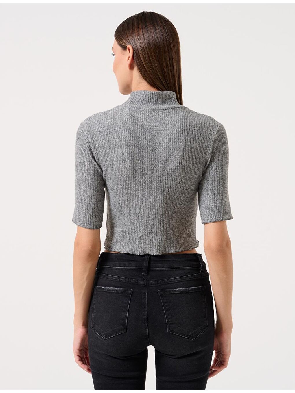 Koyu Gri Melanj Dar Kesim Balıkçı Yaka Kısa Kollu Örme Bluz-4