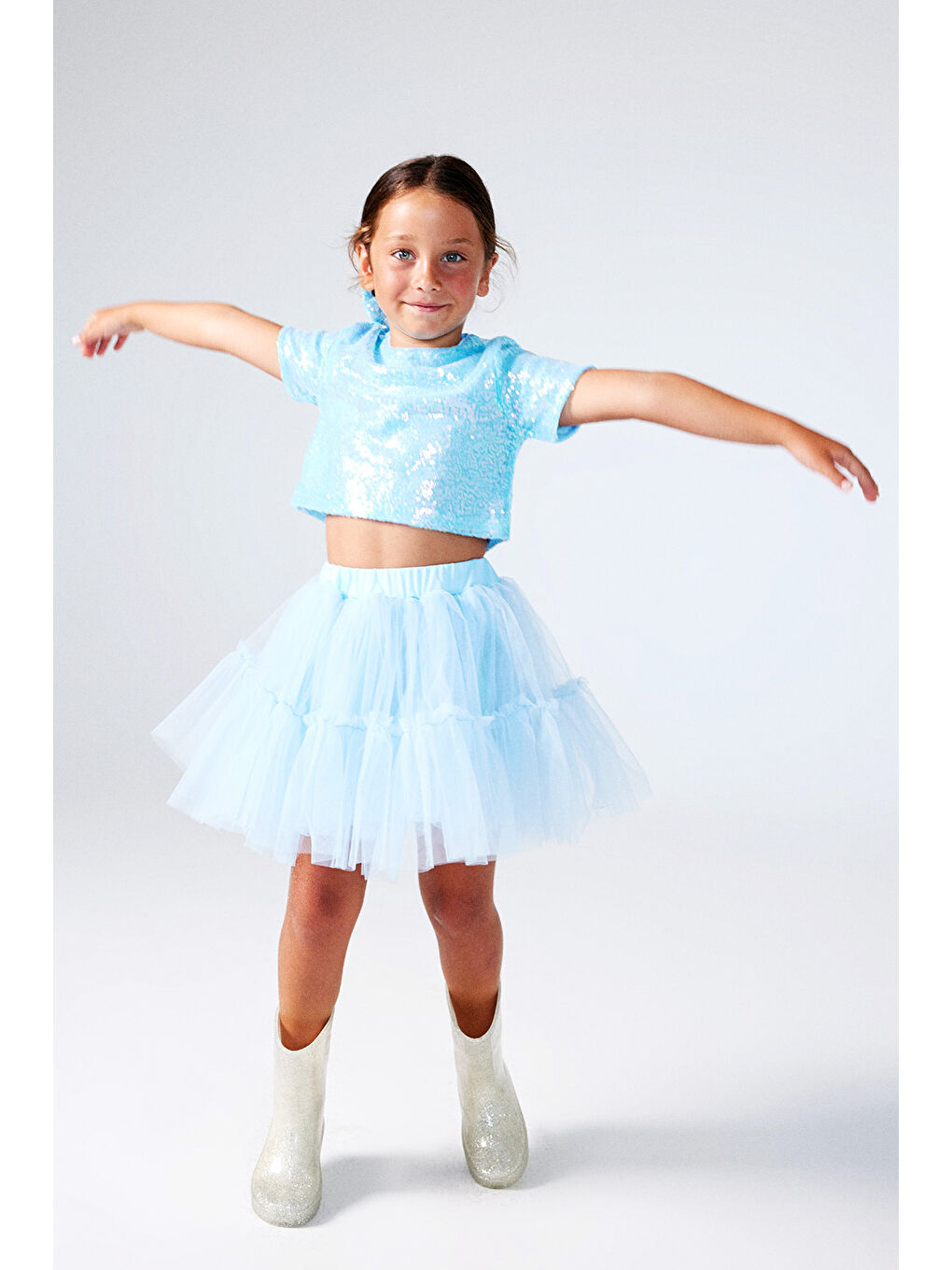 Mavi Üzeri Pul Detaylı Tül Etekli İkili Takım - Freya-1