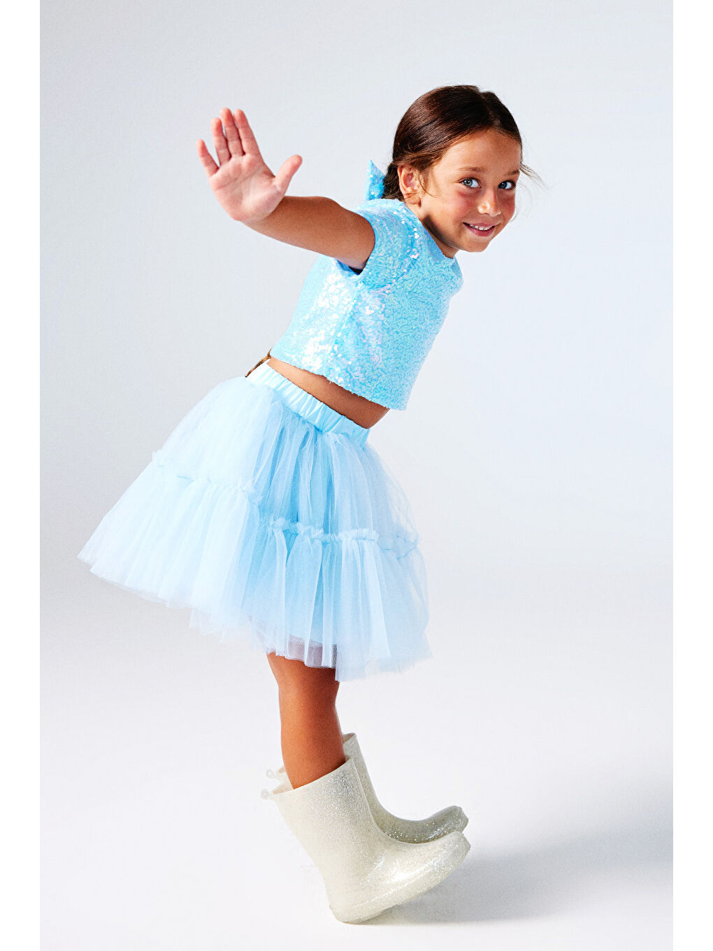 Mavi Üzeri Pul Detaylı Tül Etekli İkili Takım - Freya-2