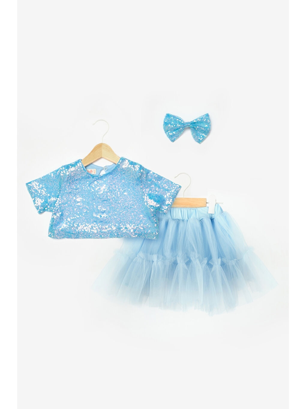 Mavi Üzeri Pul Detaylı Tül Etekli İkili Takım - Freya-3