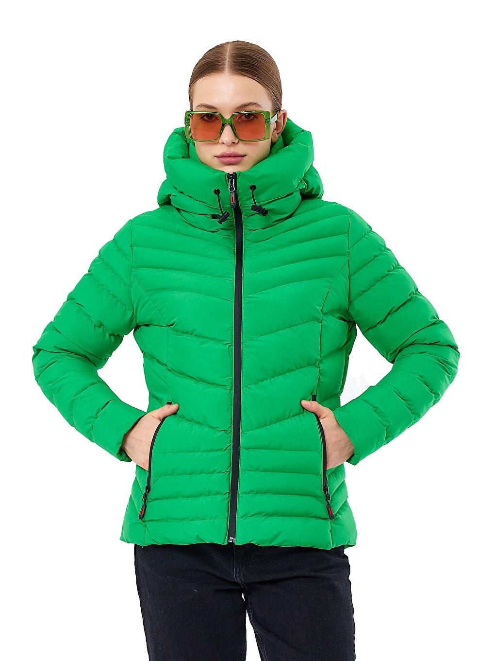 Yeşil Kadın Mont Kapüşonlu