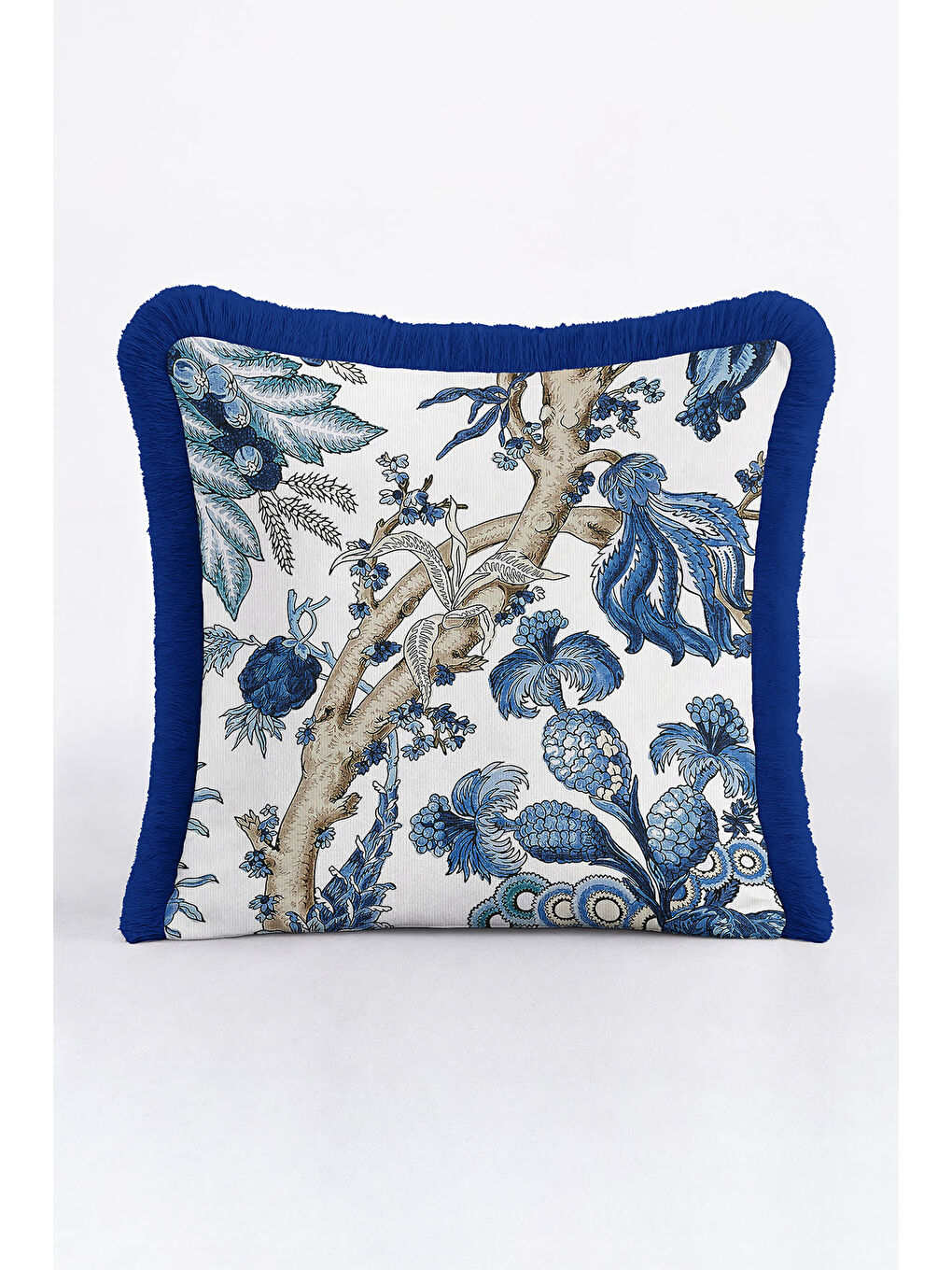 Karışık Çini Motifli Saçaklı Yastık Kılıfı - Botanik Esintili Eklektik Mavi Püsküllü Kırlent Kılıfı-1