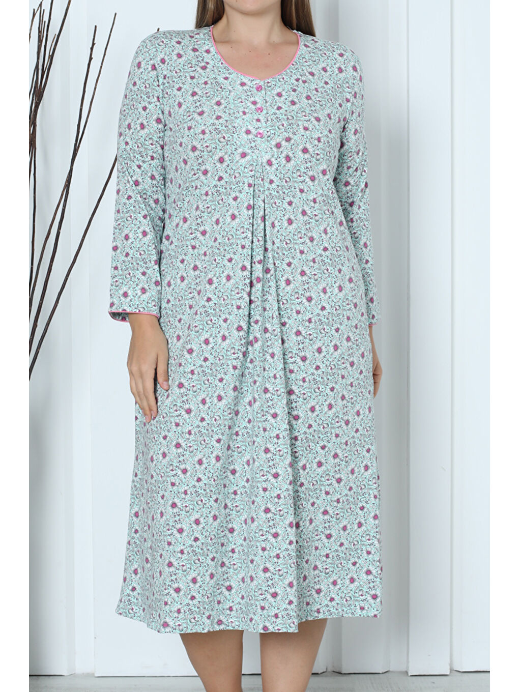 Yeşil Kadın Tunik Uzun Gecelik Uzun Kollu Büyük Beden Pamuklu MINT