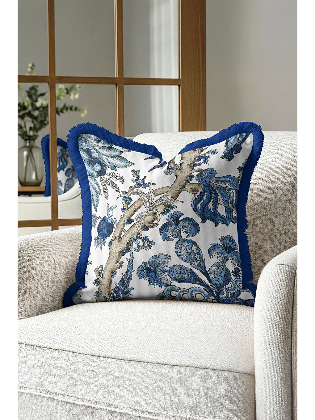 Karışık Çini Motifli Saçaklı Yastık Kılıfı - Botanik Esintili Eklektik Mavi Püsküllü Kırlent Kılıfı-2