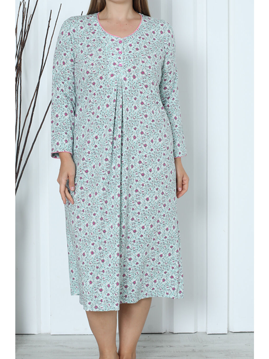 Yeşil Kadın Tunik Uzun Gecelik Uzun Kollu Büyük Beden Pamuklu MINT-1