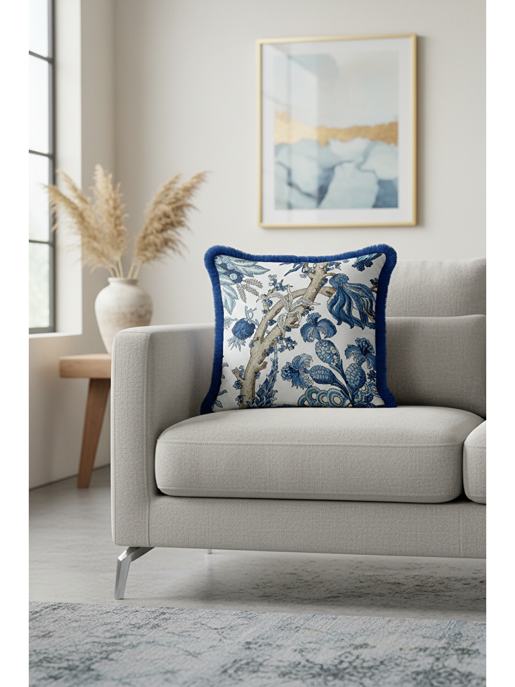 Karışık Çini Motifli Saçaklı Yastık Kılıfı - Botanik Esintili Eklektik Mavi Püsküllü Kırlent Kılıfı-3