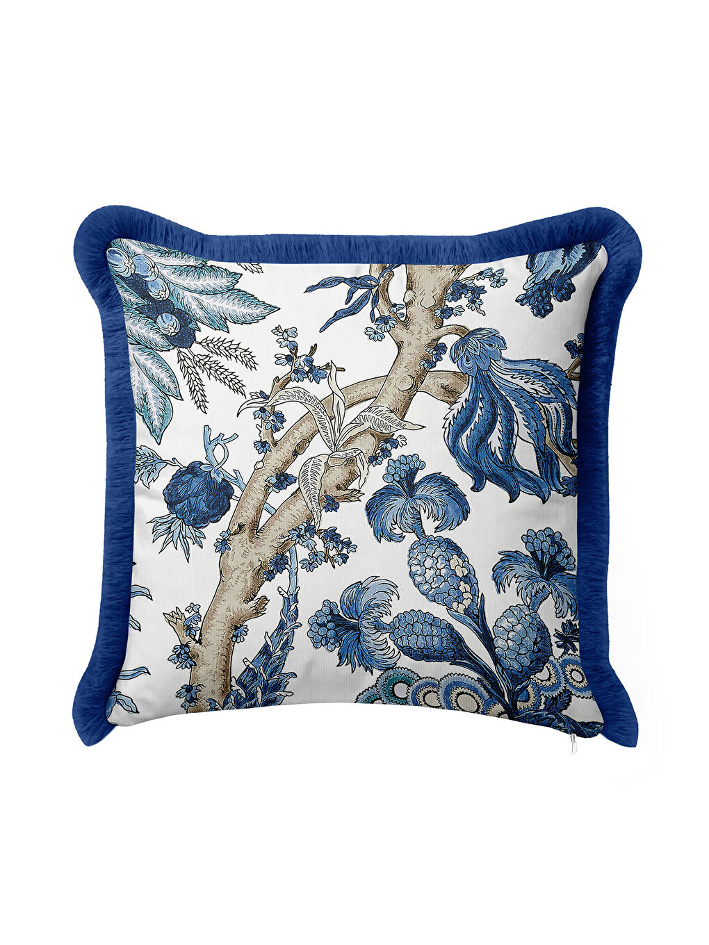 Karışık Çini Motifli Saçaklı Yastık Kılıfı - Botanik Esintili Eklektik Mavi Püsküllü Kırlent Kılıfı-4