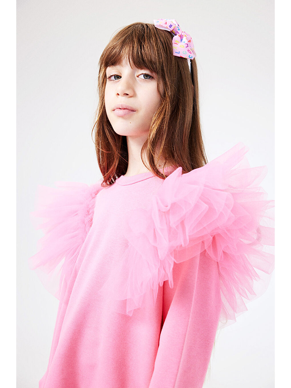 Pembe Omuzları Tül Detaylı Kız Çocuk Eşofman Takımı - Malory-1