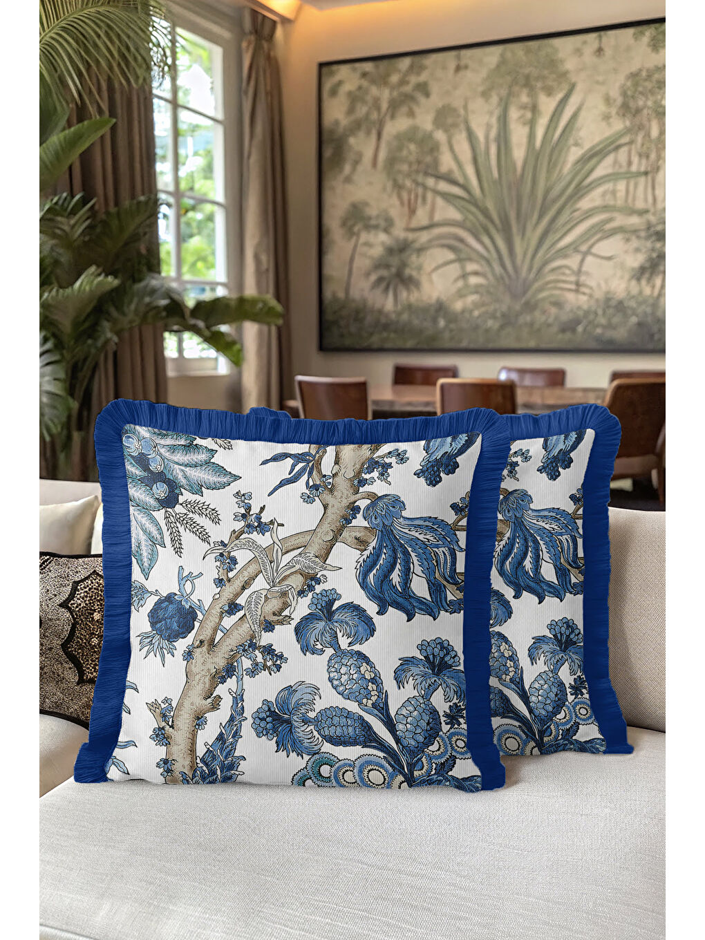 Karışık Çini Motifli Saçaklı Yastık Kılıfı - Botanik Esintili Eklektik Mavi Püsküllü Kırlent Kılıfı-5