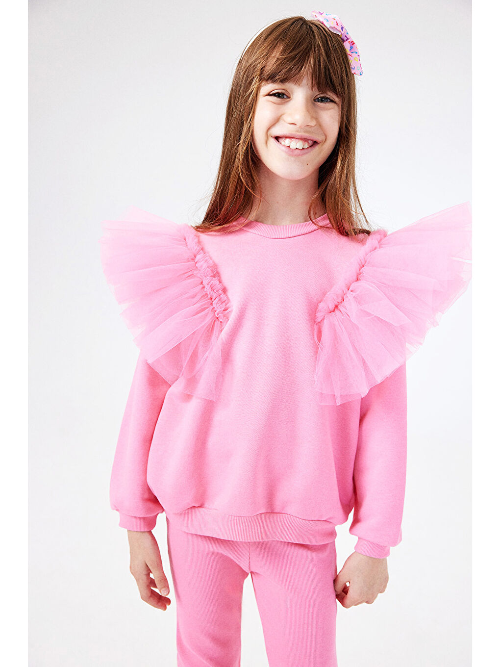 Pembe Omuzları Tül Detaylı Kız Çocuk Eşofman Takımı - Malory-2