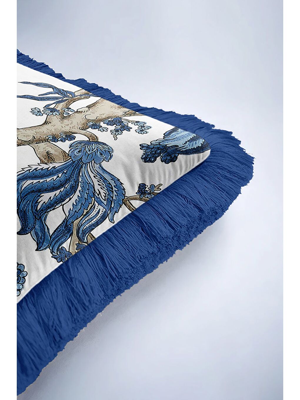 Karışık Çini Motifli Saçaklı Yastık Kılıfı - Botanik Esintili Eklektik Mavi Püsküllü Kırlent Kılıfı-6