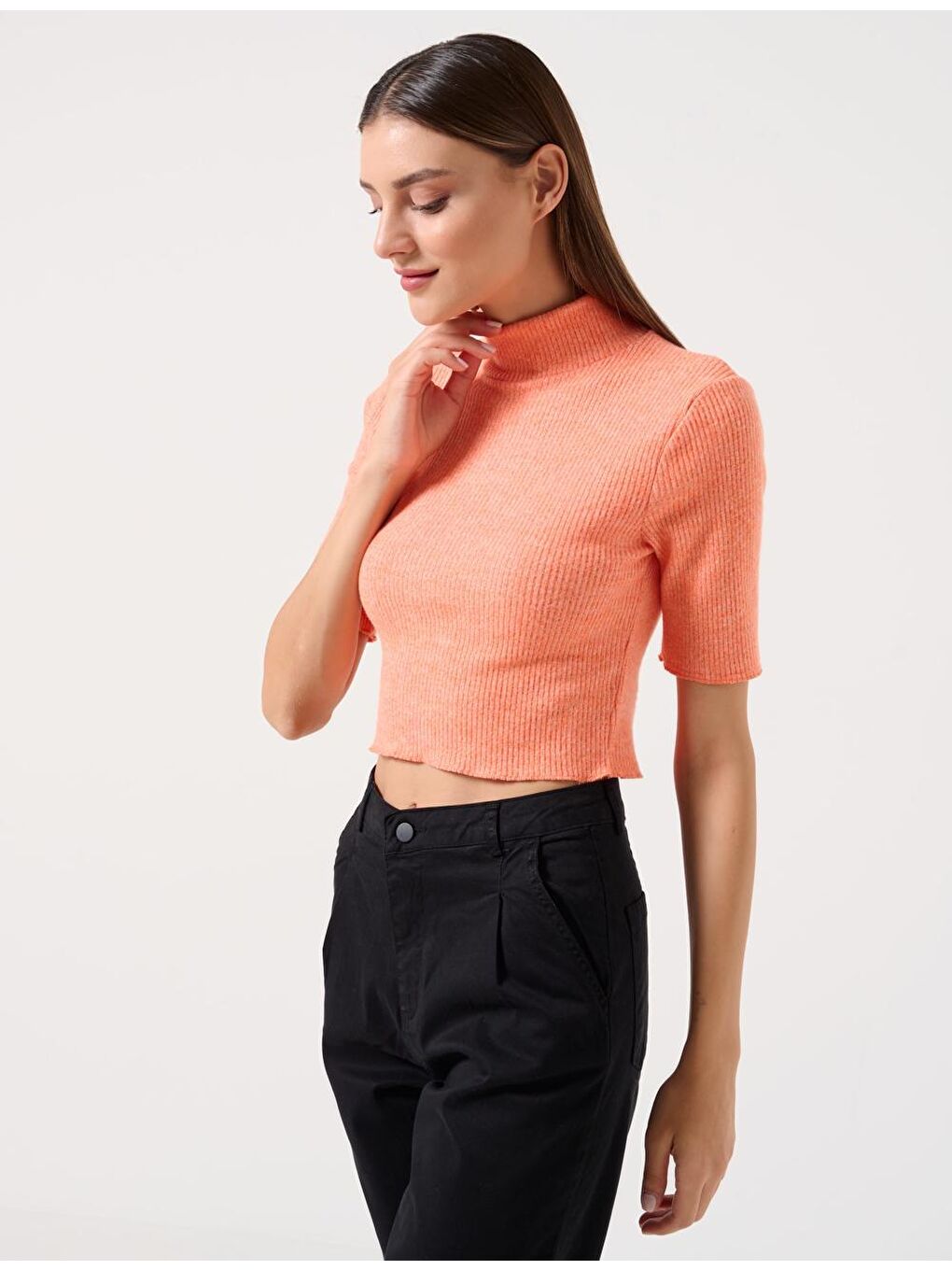 Turuncu Dar Kesim Balıkçı Yaka Kısa Kollu Örme Bluz-2