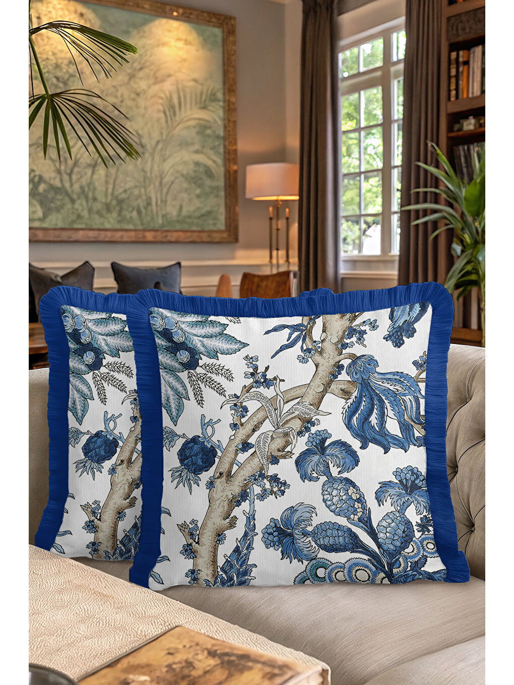 Karışık Çini Motifli Saçaklı Yastık Kılıfı - Botanik Esintili Eklektik Mavi Püsküllü Kırlent Kılıfı-7