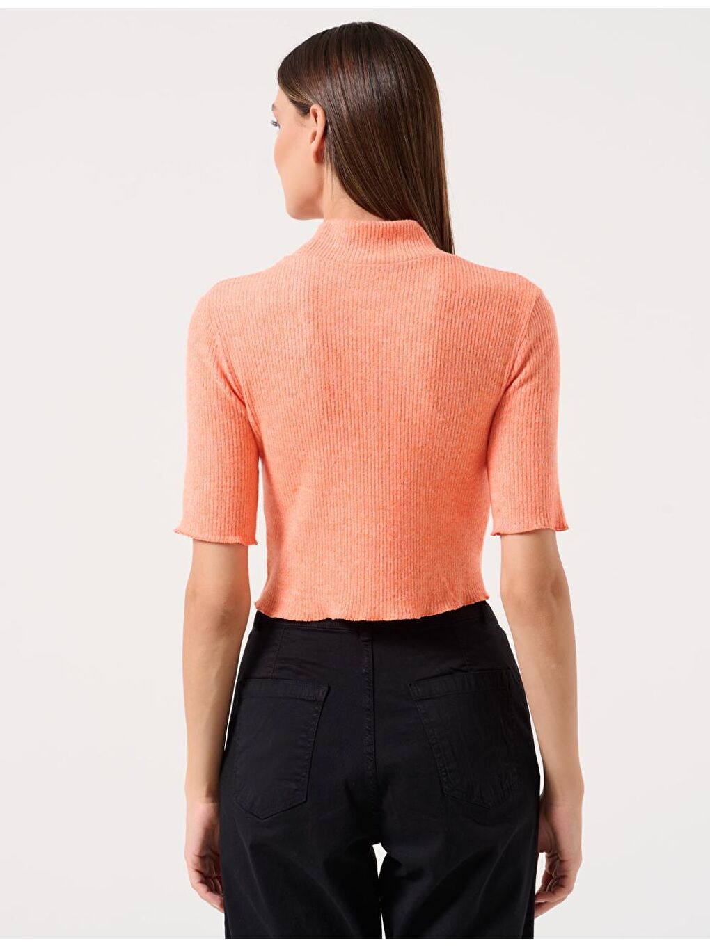 Turuncu Dar Kesim Balıkçı Yaka Kısa Kollu Örme Bluz-4