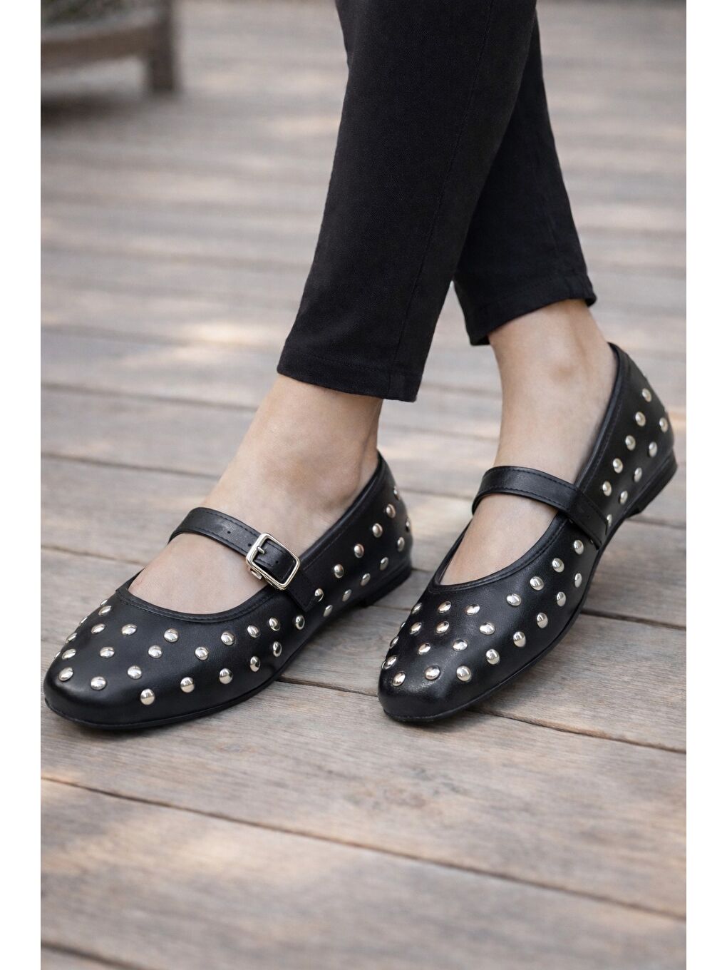 Siyah K-305 Rahat Taban Zımbalı Kadın Babet Günlük Ayakkabı Hafif ve Rahat Kalıp-3