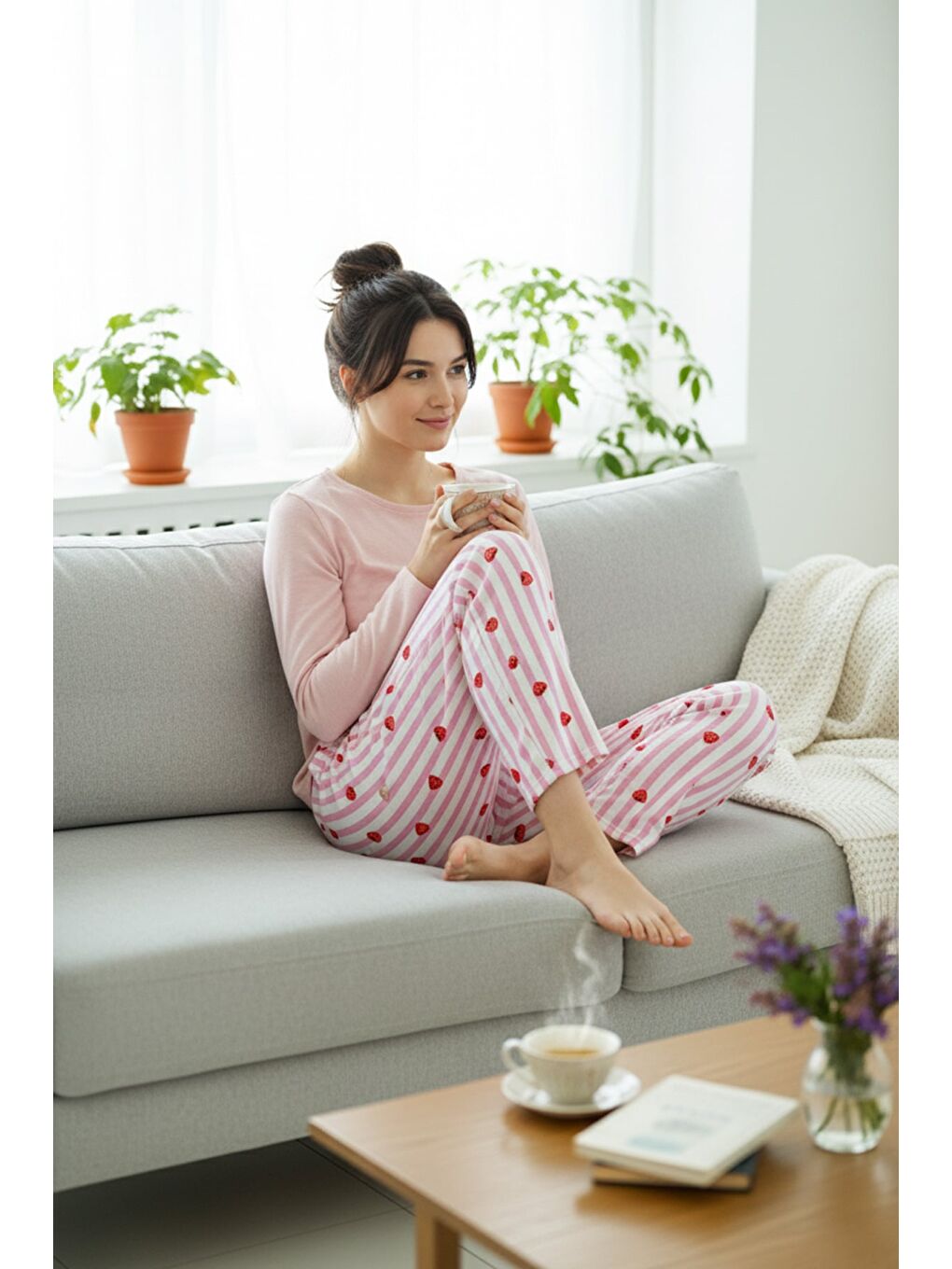 Pembe Geyik Baskılı Kadife Pijama Altı-1