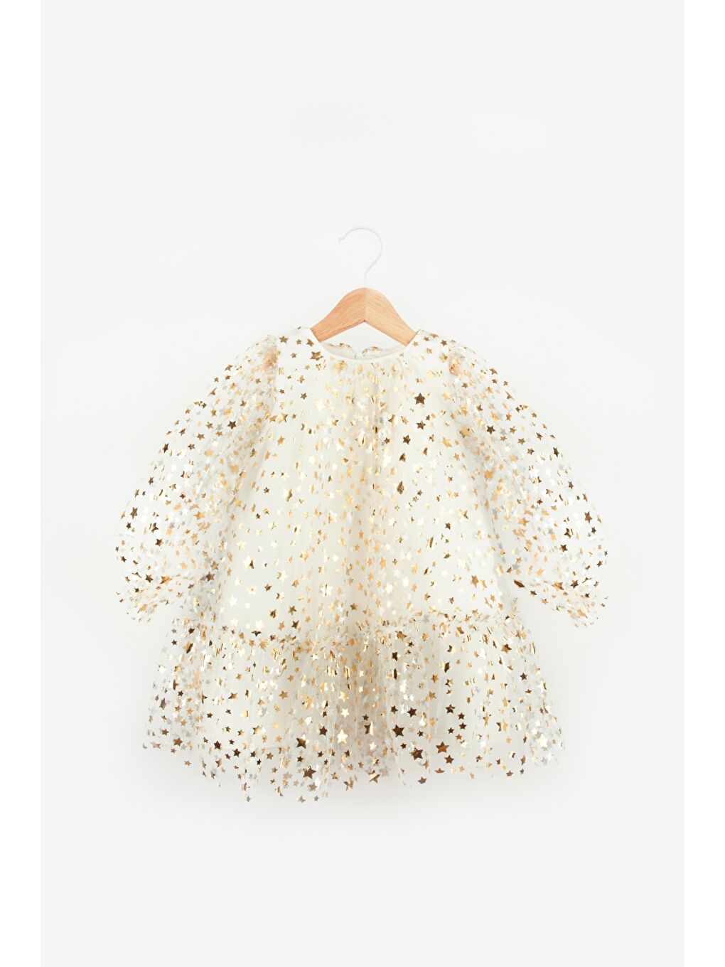 Ekru Balon Kollu Yıldız Baskılı Kız Çocuk Elbise - Daria-3